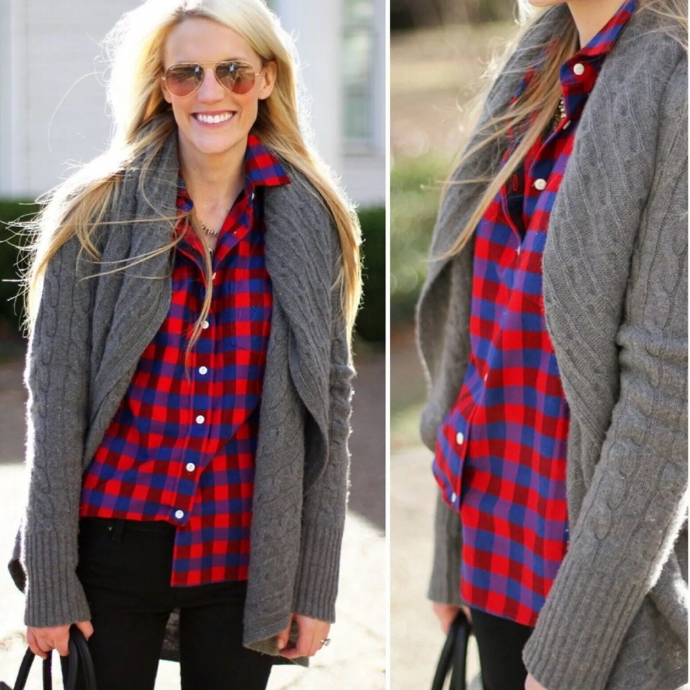 J. CREW Women's Flannel Red Blue‎ Plaid Button Down Shirt Collar Top Small 2